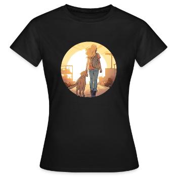 Frau mit Golden Retriever im Sonnenuntergang - Frauen T-Shirt - Schwarz - Vorne - AI Model Female 172 dark (172cm)