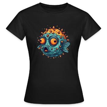 Funny puffer fish with spines that squints humor - Women's T-Shirt - black - Front - AI Model Female 172 dark (172cm)