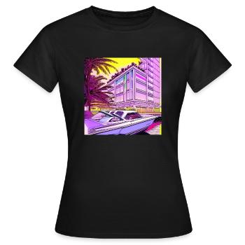 Boot vor Hochhaus in Abendsonnenschein - Frauen T-Shirt - Schwarz - Vorne - AI Model Female 172 dark (172cm)