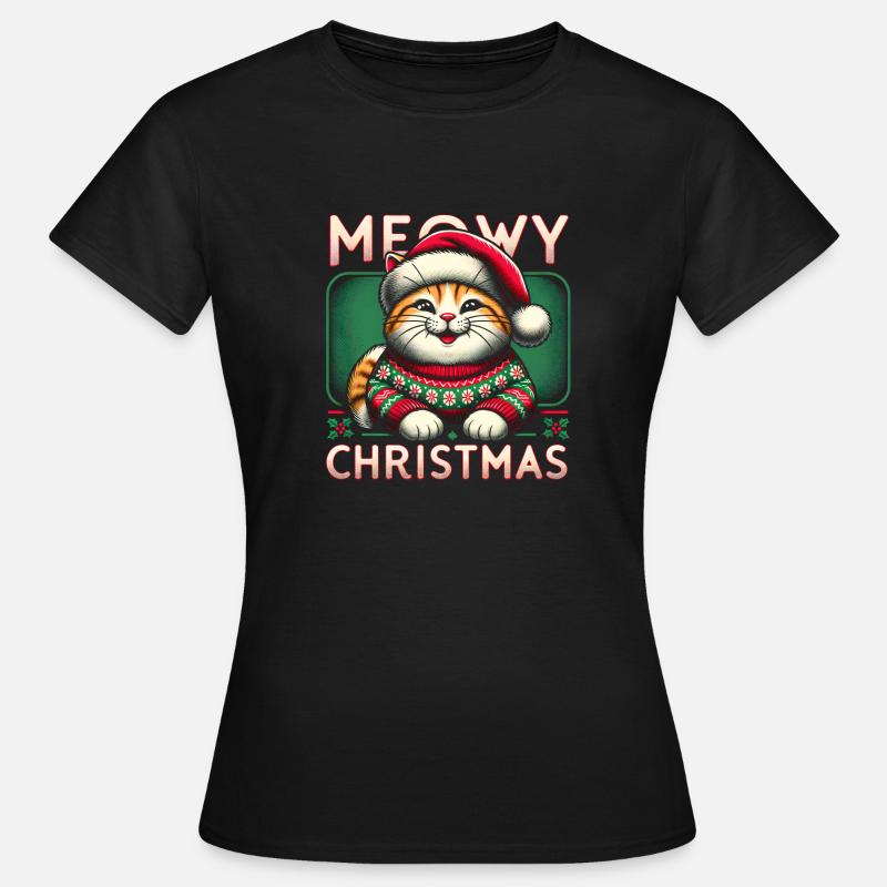 Weihnachtspullover mit Weihnachtskatze - Frauen T-Shirt - Schwarz