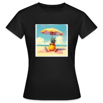 Drôle d’ananas prenant un bain de soleil sur la plage sous un parasol - T-shirt Femme - noir - Devant - AI Model Female 172 dark (172cm)