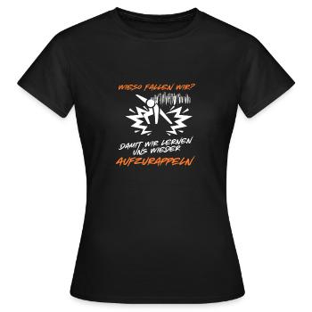 Superhelden-Strichmännchen-Pose-Druck - "Warum fallen wir?" - Frauen T-Shirt - Schwarz - Vorne - AI Model Female 172 dark (172cm)