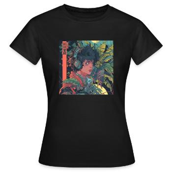 80er Jahre Anime Plantlover Musik hören Drucken - Frauen T-Shirt - Schwarz - Vorne - AI Model Female 172 dark (172cm)