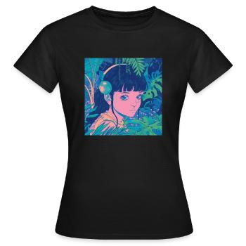 80er Jahre Anime Plantlover Musik hören Drucken - Frauen T-Shirt - Schwarz - Vorne - AI Model Female 172 dark (172cm)
