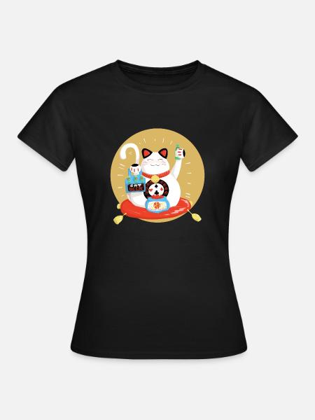 Maneki neko feiert - Frauen T-Shirt - Schwarz