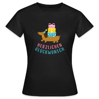 Vœux d’anniversaire avec motif teckel - T-shirt Femme - noir - Devant - AI Model Female 172 dark (172cm)