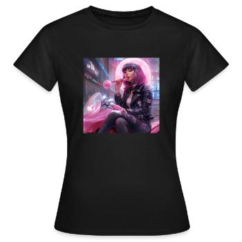Bubblegum Girl - Cyberpunk Popart Bikergirl - Frauen T-Shirt - Schwarz - Vorne - AI Model Female 172 dark (172cm)