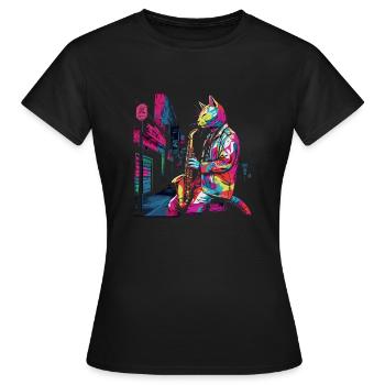 Katze Saxophon Jazz Musiker Saxophonist Swing Miau - Frauen T-Shirt - Schwarz - Vorne - AI Model Female 172 dark (172cm)