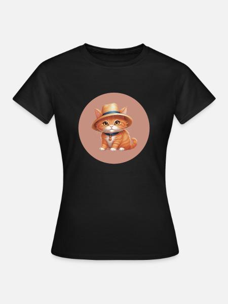 Katze mit Strohhut - Frauen T-Shirt - Schwarz