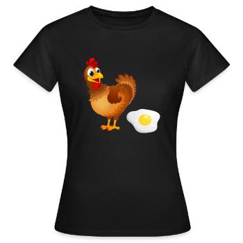 The chicken puts an egg humor hen puts omelette - Women's T-Shirt - black - Front - AI Model Female 172 dark (172cm)