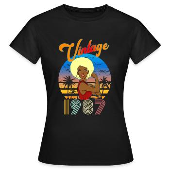 Geburtstag 1987 Vintage Blonde Woman Afro - Frauen T-Shirt - Schwarz - Vorne - AI Model Female 172 dark (172cm)