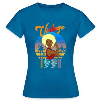 Anniversaire Femme Afro Vintage 1991 blonde - T-shirt Femme - bleu saphir antique chiné - Devant - AI Model Female 172 dark (172cm)