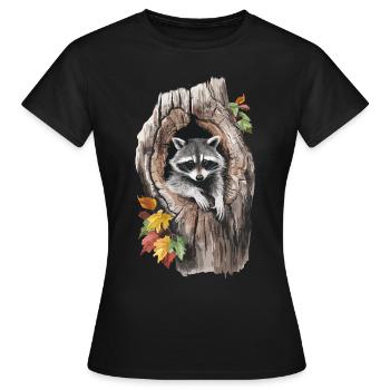 Niedlicher Waschbär in hohlem Baum für einen - Frauen T-Shirt - Schwarz - Vorne - AI Model Female 172 dark (172cm)