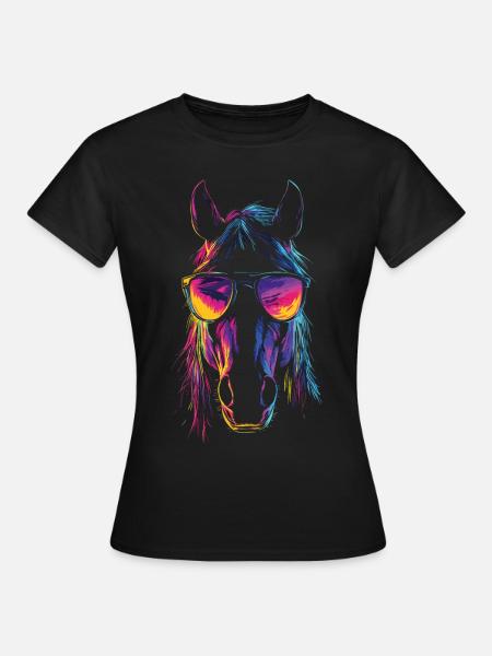 Caballo arcoíris súper genial con gafas de sol - Camiseta mujer - negro