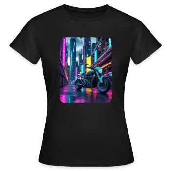 Chrom Motorrad in Neon City - Frauen T-Shirt - Schwarz - Vorne - AI Model Female 172 dark (172cm)