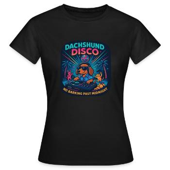 Dachshund Disco – Kein Bellen nachts - Frauen T-Shirt - Schwarz - Vorne - AI Model Female 172 dark (172cm)