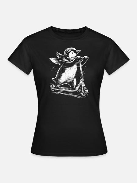 Lustiger Pinguin auf einem E Scooter - Frauen T-Shirt - Schwarz