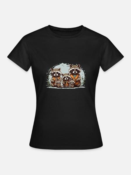 Liebenswerte Waschbärfamilie - Frauen T-Shirt - Schwarz
