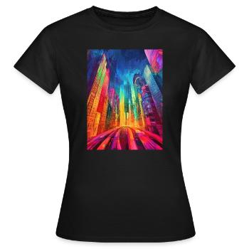Straße - Stadt - bunt - Hochhäuser - Abstrakt - Frauen T-Shirt - Schwarz - Vorne - AI Model Female 172 dark (172cm)