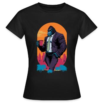 Illustration des années 80 d’un gorille avec une tasse de café - T-shirt Femme - noir - Devant - AI Model Female 172 dark (172cm)