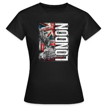 London Collage: Fahnen, Busse und Ziegel - Frauen T-Shirt - Schwarz - Vorne - AI Model Female 172 dark (172cm)