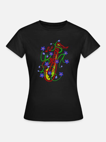 Blumenmuster mit verspieltem Saxophon design - Frauen T-Shirt - Schwarz