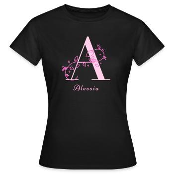 ALESSIA Namensshirt Blumen Buchstabe Damen - Frauen T-Shirt - Schwarz - Vorne - AI Model Female 172 dark (172cm)