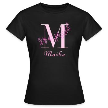 MAIKE Namensshirt Blumen Buchstabe Damen - Frauen T-Shirt - Schwarz - Vorne - AI Model Female 172 dark (172cm)