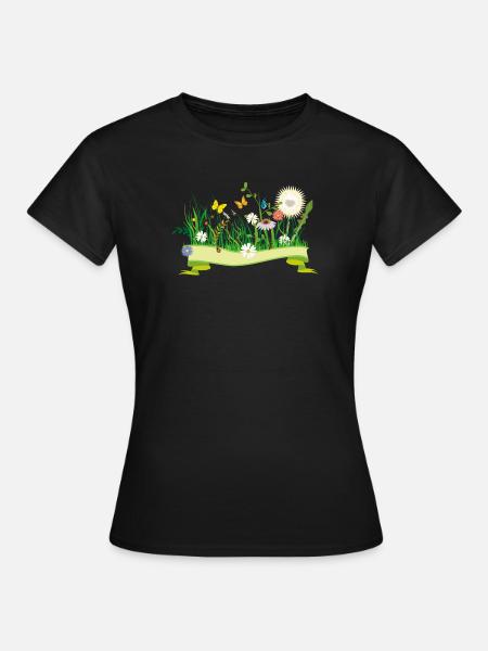 saftige Frühlingswiese mit Blumen und Insekten - Frauen T-Shirt - Schwarz