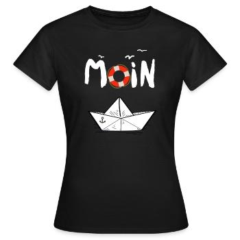 Moin Möwen Rettungsring Papierboot Schiff - Frauen T-Shirt - Schwarz - Vorne - AI Model Female 172 dark (172cm)