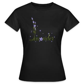 delicate lavender calligraphy with lavender flowers - Women's T-Shirt - black - Front - AI Model Female 172 dark (172cm)