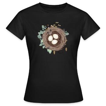 Nid d’oiseau ou nid de Pâques avec trois œufs et plumes - T-shirt Femme - noir - Devant - AI Model Female 172 dark (172cm)