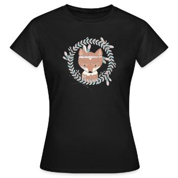 petit renard avec décoration en plumes dans cadre ethno - T-shirt Femme - noir - Devant - AI Model Female 172 dark (172cm)