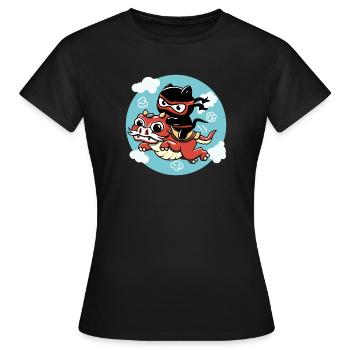 Kawaii Ninja Katze reitet auf einem roten Drachen - Frauen T-Shirt - Schwarz - Vorne - AI Model Female 172 dark (172cm)