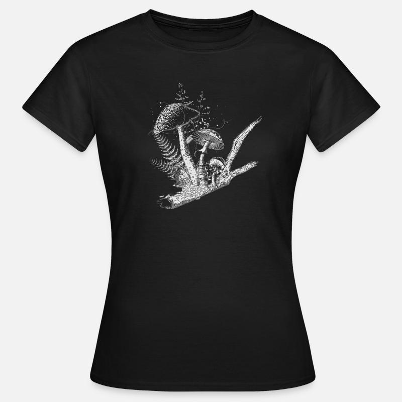 composition dessinée champignons forestiers, graminées et branches - T-shirt Femme - noir