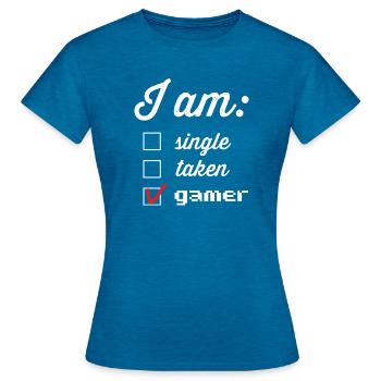 Player status: single taken gamer - Women's T-Shirt - antique blue sapphire heather - Front - AI Model Female 172 dark (172cm)