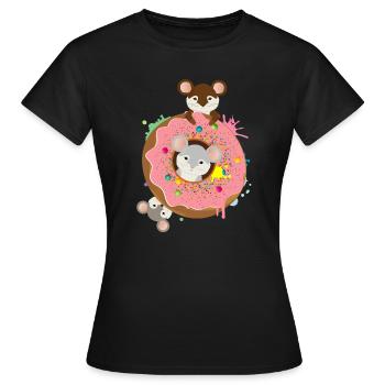 drei putzige Mäuse und ein Donut mit rosa Glasur - Frauen T-Shirt - Schwarz - Vorne - AI Model Female 172 dark (172cm)