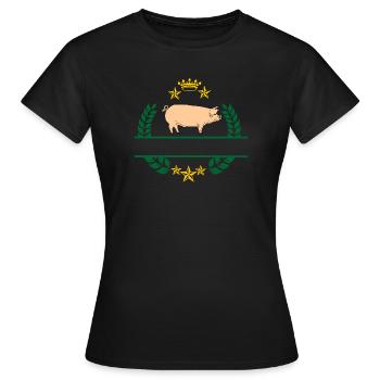 Schwein im grünen Lorbeerkranz mit goldgelber Krone - Frauen T-Shirt - Schwarz - Vorne - AI Model Female 172 dark (172cm)