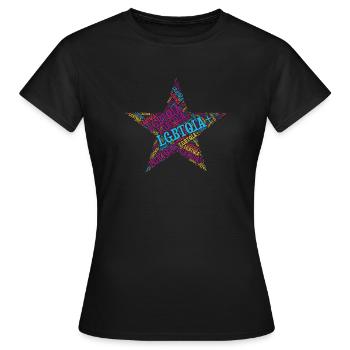 LGBTQIA+ Star Word Cloud Lgbt Gay Pride T-Shirt - Women's T-Shirt - black - Front - AI Model Female 172 dark (172cm)