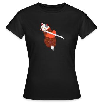 cat in kimono biting sword - Women's T-Shirt - black - Front - AI Model Female 172 dark (172cm)