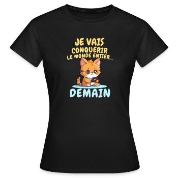 Chat ambitieux demain conquérir le monde - T-shirt Femme - noir - Devant - AI Model Female 172 dark (172cm)
