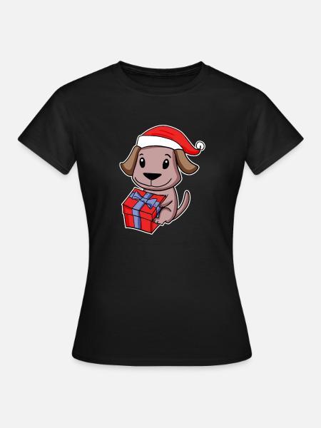 Hund mit Weihnachtsmütze und Weihnachtsgeschenk - Frauen T-Shirt - Schwarz
