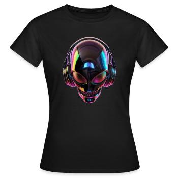 Schwarzer Alien-Kopf mit Kopfhörern - Frauen T-Shirt - Schwarz - Vorne - AI Model Female 172 dark (172cm)
