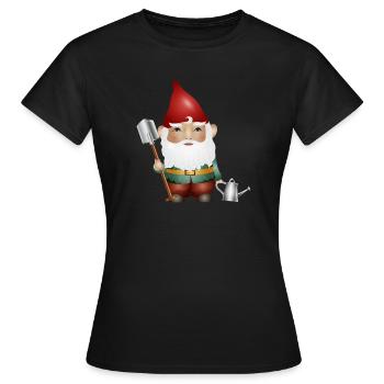 Nain de jardin avec arrosoir et bêche dans le jardin - T-shirt Femme - noir - Devant - AI Model Female 172 dark (172cm)
