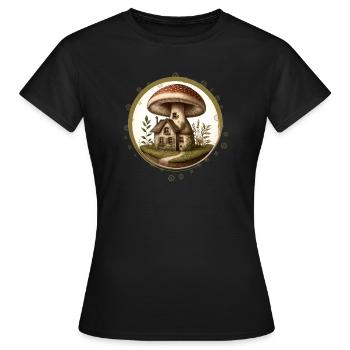 Design of a toadstool as a fairytale house in the forest - Women's T-Shirt - black - Front - AI Model Female 172 dark (172cm)