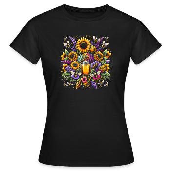 Lebhaftes, farbenfrohes Kunstwerk mit Bienen - Frauen T-Shirt - Schwarz - Vorne - AI Model Female 172 dark (172cm)