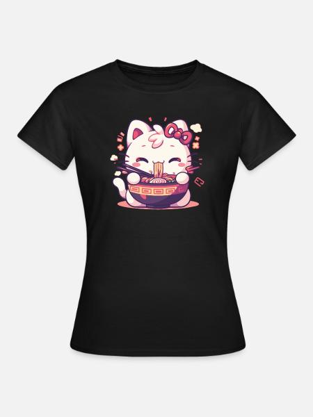 Katze isst Ramen - Frauen T-Shirt - Schwarz