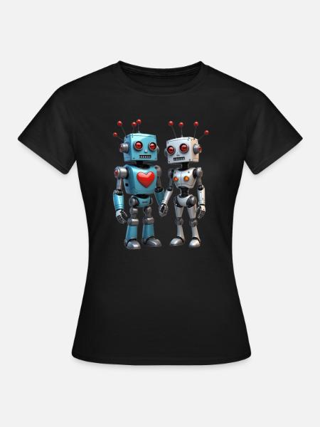 Roboter Pärchen - Frauen T-Shirt - Schwarz