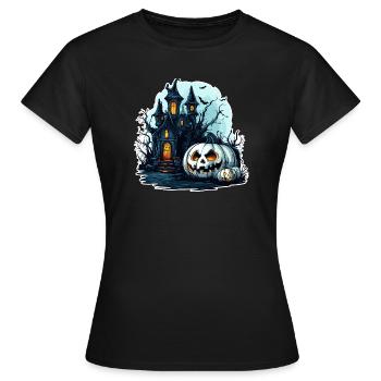 Spukhaus mit leuchtenden Kürbissen - Frauen T-Shirt - Schwarz - Vorne - AI Model Female 172 dark (172cm)