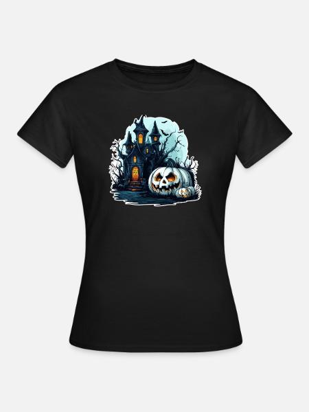 Spukhaus mit leuchtenden Kürbissen - Frauen T-Shirt - Schwarz